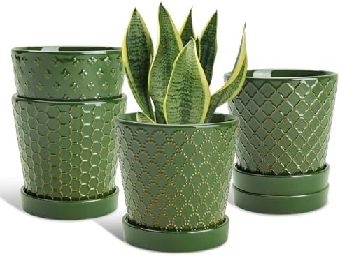 EFISPSS Ceramic Plant Pots, 5 Inch Planters with Drainage Holes and Ceramic Tray, Relief Design Flower Planter