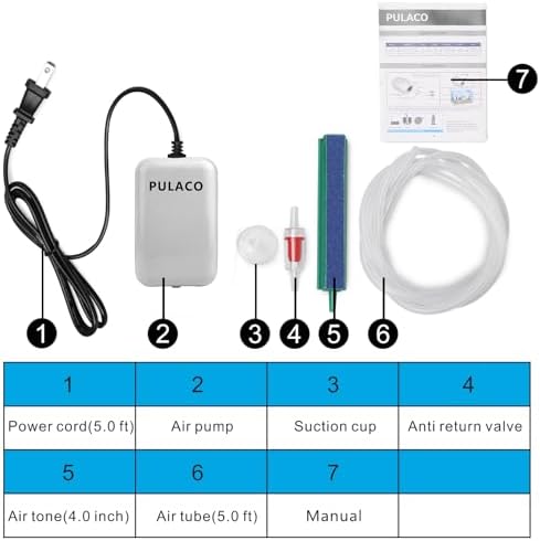 PULACO Ultra Quiet Mini Aquarium Fish Tank Air Pump for 1-20 Gallon Fish Bowl with Air Tube Air Bubbler Stone Check Valve