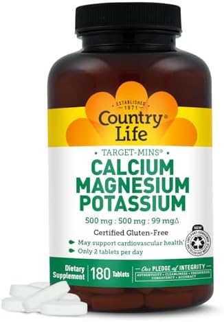 Country Life Target-Mins Calcium Magnesium Potassium, 180 Tablets | 500 mg calcium, 500 mg magnesium and 99 mg potassium per 2-tablet serving; certified gluten-free