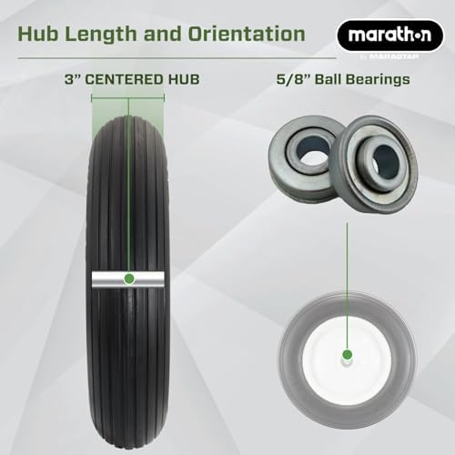 Marathon 4.80/4.00-8" Flat Free Tire on Wheel, 3" Hub, 5/8" Bearings, Ribbed Tread