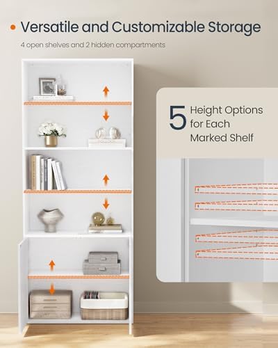 SONGMICS HOME Book Shelf, Snapsemble Superfast Assembly, 6-Tier Floor Standing Bookcase with Doors and Adjustable Shelves, 70.4 Inches Tall for Bedroom Study Living Room, Snow White