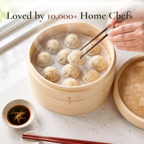 HAPPI STUDIO Bamboo Steamer Basket 10 Inch, Extra Deep Dumpling Steamer Set