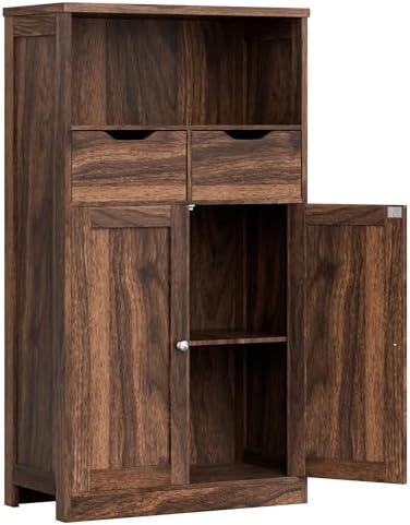 Vongrasig Bathroom Storage Cabinet, 42.5" H Freestanding Floor Cabinet | Wooden Modern Cabinet with 2 Drawers, Open Shelf and Adjustable Shelf for Bathroom, Laundry Room and Entryway, White