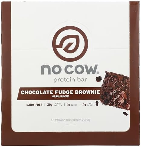 No Cow Chocolate Fudge Brownie Vegan Protein Bars, 12 Pack | 20g High Plant-Based Protein, High Fiber, Low Sugar, Gluten-Free, Dairy-Free, Soy-Free