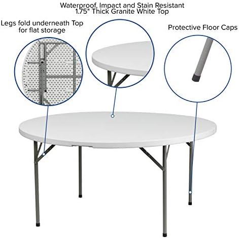 Flash Furniture Elon 5' Round All-Occasion Plastic Folding Event Table, Foldable Portable Banquet Table for Indoor/Outdoor Events, White | Lightweight, Easy Storage, Commercial Grade