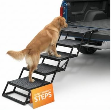 Foldable Dog Stairs for Cars Trucks & SUVs - Heavy-Duty Carbon Steel Pet Ladder Supports 230LB - Non-Slip Metal Mesh Joint-Friendly Portable Ramp for Large Dogs - 5 Step Pet Stairs w/Mat