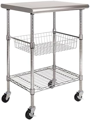 Stainless-Steel Commercial-Grade NSF-Certified Prep Table Cart, 24"W x 20"D | Heavy-duty durable utility workstation supports up to 450 lb w/ adjustable wire shelf and sliding basket on locking wheels