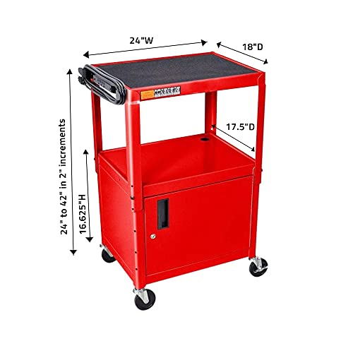 LUXOR AVJ42C-RD Steel AV Cart with Adjustable Height and Storage Cabinet, Multipurpose Utility Cart, 24" to 42" Height, 3 Outlet Electrical Assembly