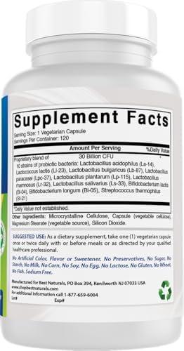 Best Naturals Probiotic 10 Strains & 30 Billion CFU Intestinal Flora, 120 Veggie Capsules - Shelf Stable probiotic (4146365)