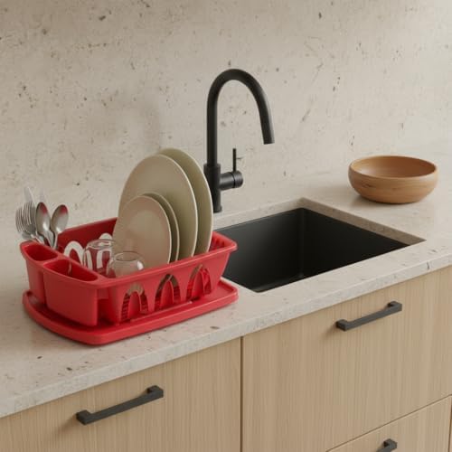 Tribello Sink Dish Drying Rack, Heavy Duty Hard Plastic Drying Rack, Dish Drainer for Kitchen Counter with Drainboard Set