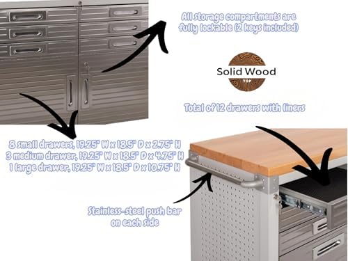 Heavy-Duty Rolling Workbench with Drawers and Cabinet, 77" W x 20" D x 37.5" H, (Red, 11 Drawer)