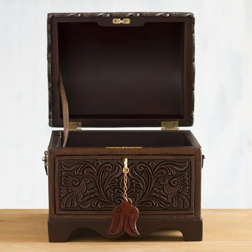 NOVICA Artisan Handmade Cedar and Leather Decorative Box | Floral Bird Motif | Brown Wood Accessories | 'Andean Flight' | 7" H x 8.75" W x 7" D