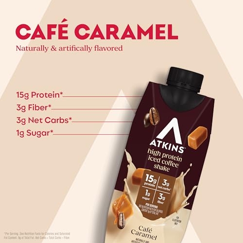 Atkins Café au Lait Iced Coffee Flavored High Protein Shake, Low Sugar and Low Carb, Keto Friendly, Ready to Drink Protein Drink, Gluten Free