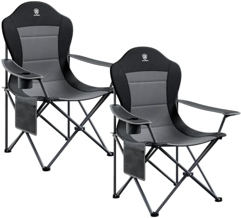 EVER ADVANCED High Back Folding Camping Chair Oversized and Fully Padded, Portable Quad Camp Lawn Chair Up to 400 lbs, with Cup Holder Armrest Carrying Bag