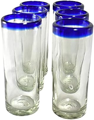 MAREY Hand Blown Drinking Glasses Artisan Crafted from Mexico Set of 6 pieces (Cobalt Blue Rim, Water 16 Oz.)