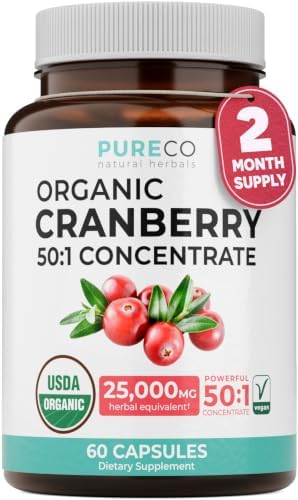 Organic Cranberry Pills - Vegan Supplement for Urinary Tract Health & Kidney Cleanse - Cranberry Pills for Women 500mg 50:1 Cranberry Concentrate Per Serving - Urinary Tract Support - 60 Capsules