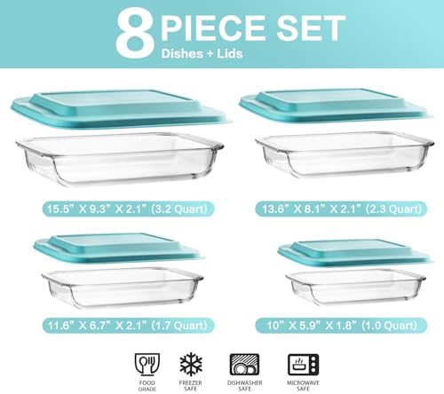 M MCIRCO 8 Piece Deep Glass Baking Dish with Lids, BPA free,Gray