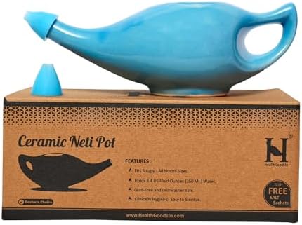 HealthGoodsIn Ceramic Neti Pot, Dishwasher Safe, Premium Handcrafted with 2 Silicone Nozzle and Salt for Sinus - 225 Ml. Capacity (Brown)