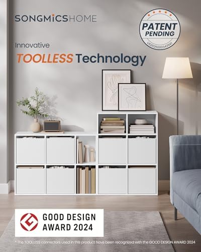 SONGMICS HOME Book Shelf, Snapsemble Superfast Assembly, 6-Tier Floor Standing Bookcase with Doors and Adjustable Shelves, 70.4 Inches Tall for Bedroom Study Living Room, Snow White