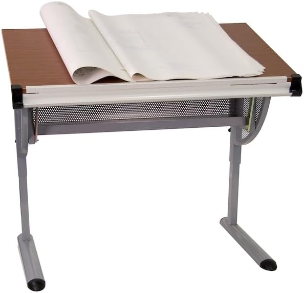 Flash Furniture Berkley Adjustable Drawing and Drafting Table with Pewter Frame | Adjustable Angle Surface, Raised Metric Ruler Border