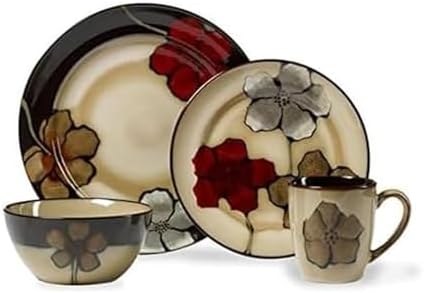 Pfaltzgraff Painted Poppies 16-Piece Stoneware Dinnerware Set, Service for 4, Dinner Plates, Salad Plates, Bowls and Mugs