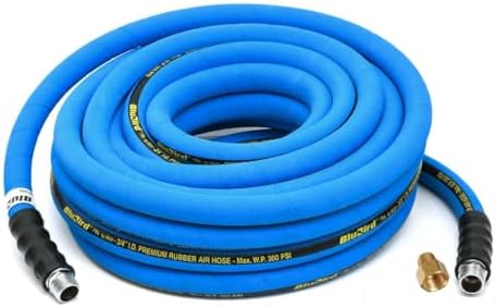 BLUBIRD BB3450 3/4" x 50' Rubber Air Hose, 100% Rubber, Lightest, Strongest, Most Flexible, 300 PSI, 50F to 190F Degrees, Ozone Resistant, High Strength Polyester Braided | Heavy Duty Reinforced Air Hose With 300 PSI Rating, Flexible Design, Kink Resista…