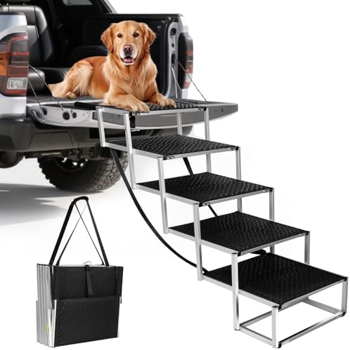 Deergym Dog Stairs for Large Dogs - 5 Step Wide 16in High 34in Foldable Dog Ramp for Car Non-Slip Surface Support up to 230lbs - Suitable for SUV,Truck, Sofas, Bed
