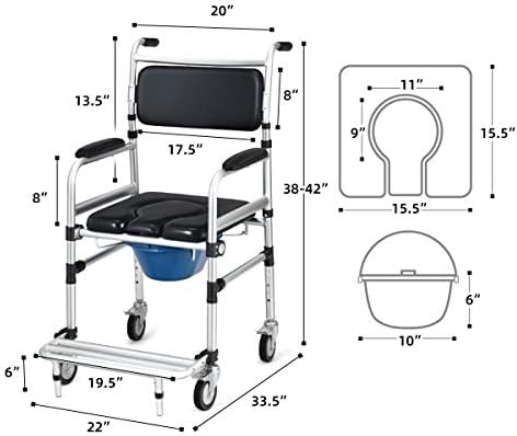 Giantex 3 in 1 Lightweight Shower Commode, Transport Bedside Commode with Wheels, Adjustable Height and Pedal, Shower Wheelchair for Elder