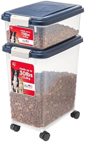 IRIS USA Dog Food Storage Container, Up to 30+11 lbs, Navy, Made in USA | Wheels for Mobility, Airtight Seal, BPA-Free, Best for Bird Seed, Cat food