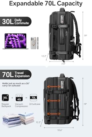 70L Travel Backpack with Vacuum Compression System | 70L Vacuum Backpack, 2 Detachable TPU Bags, TSA Lock, Fits 16" Laptop