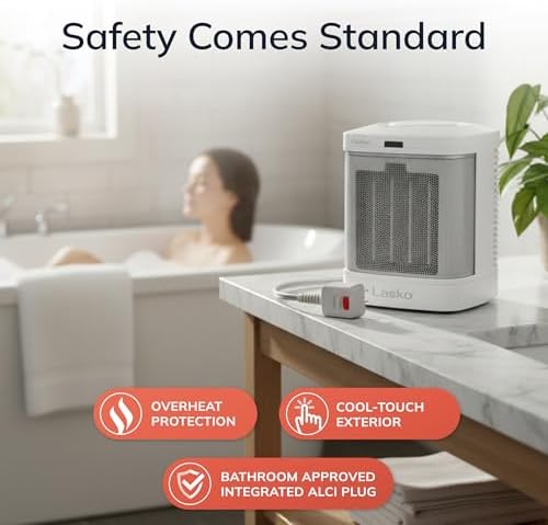 Lasko Electric Ceramic Space Heater for Bathroom - 8” - CD08200 - White | ALCI Safety Plug, Portable, 2 Heat Settings, Simple Heat Button, Overheat Protection, Cool Touch Housing, 1500W