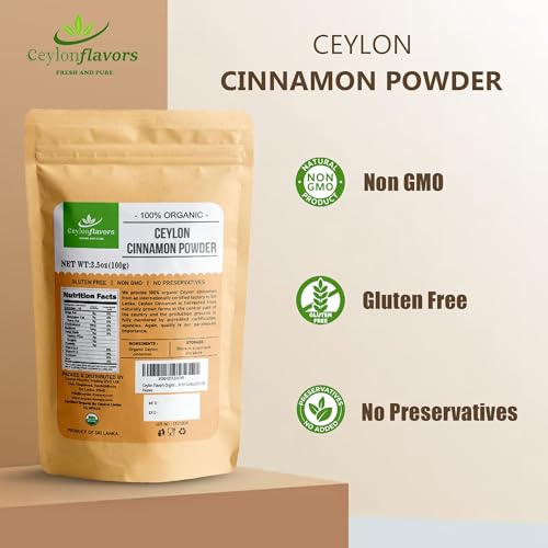 Ceylon Flavors Organic Ceylon Cinnamon Powder, Premium Special Grade, Non GMO, Harvested from a USDA Certified Organic Farm in Sri Lanka (3.5 oz)