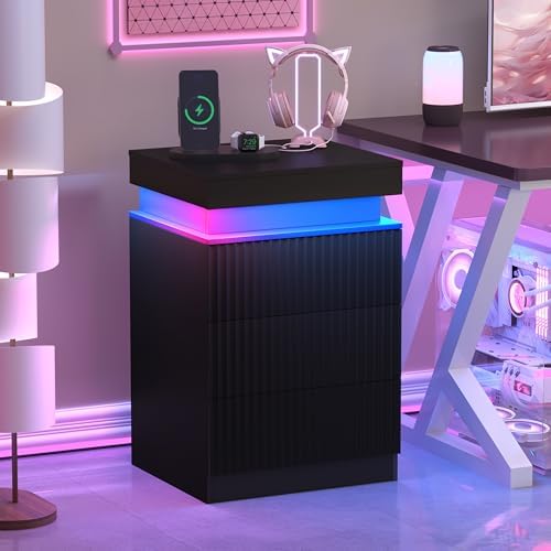 Fluted Nightstand with Charging Station and LED Light, Bedside Table with Sliding Top, USB Ports and AC Outlets, 3 Drawer Storage Cabinet