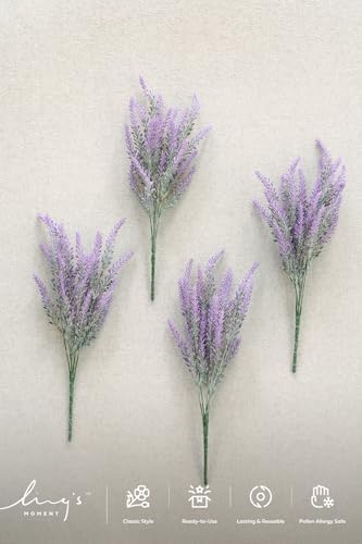 Ling's moment Artificial Purple Lavender, 4 Bushes Fake Lilac Flower