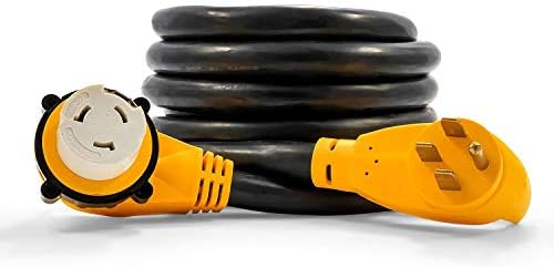 Camco Power Grip 25-Ft 50 Amp RV Extension Cord - NEMA 14-50P Male & FSS2-50R Locking Female Connectors - Rated for 125/250 V/12,500 W - Features Copper 6/3 + 8/1-Gauge Wires for Conductivity (55542)