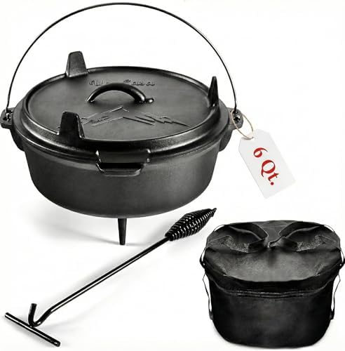 Uno Casa 6Qt Cast Iron Camping Dutch Oven with Lid Lifter and Storage Bag - Pre-Seasoned Outdoor Dutch Oven for Campfire Cooking, Stews