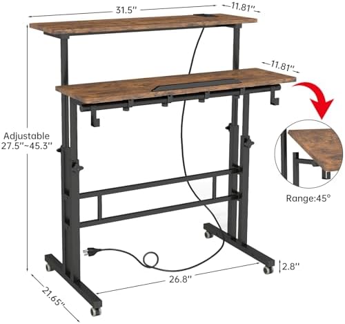 SIDUCAL Mobile Standing Desk, Portable Stand Up, Small Adjustable Converter with Wheels Home Office Workstation, Rolling Desk Laptop Cart for Standing or Sitting, Black