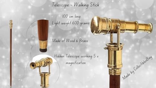 Victorian Walking Cane with Telescope Brass Handle Foldable Nautical Wooden Walking Stick Ideal Unisex