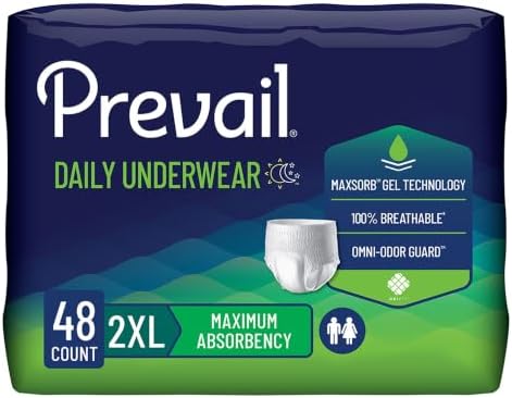 Prevail Daily Protective Underwear - Unisex Adult Incontinence Underwear - Disposable Adult Diaper for Men & Women - Maximum Absorbency - XX-Large - 12 Count (Pack of 4) | Prevail Daily Unisex Underwear Maximum Disposable Incontinence Underwear Pull On w…