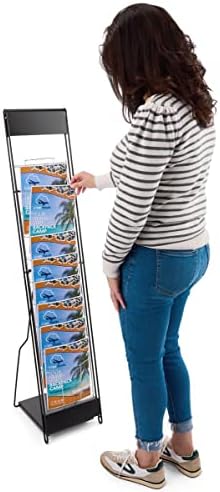 Displays2go Portable Magazine Rack, Black, 54" h Floor-standing | 10 Pockets for 8.5x11 Catalogs, Carry Bag Included, Tiered Design, Steel, NCYBRCHBLK