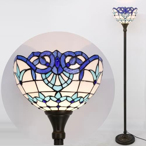 WERFACTORY Tiffany Floor Lamp Navy Baroque Stained Glass Torchiere Light | 12X12X71 Inches Pole Blue Standing Corner Torch Uplight Decor Bedroom