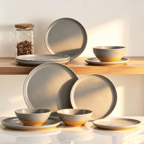 Melamine Dinnerware Sets, Plates and Bowls Sets 12 Pcs, Melamine Plates, Dish Set for 4, Unbreakable Dinnerware Set for Party, BPA Free