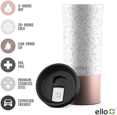 Ello Miri 16oz Insulated Stainless Steel Travel Mug with Slider Lid, Black Marble