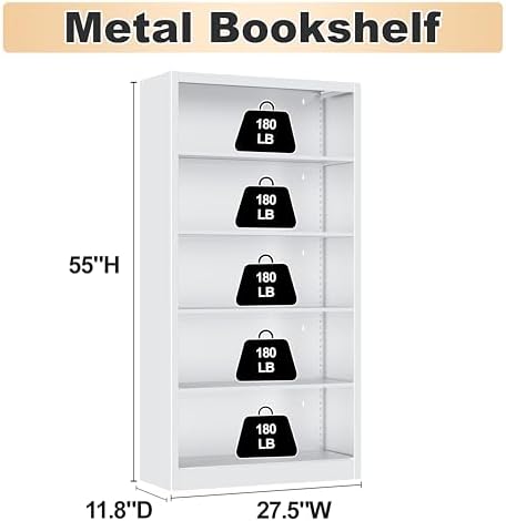 Bookcase,5 Tier White Bookshelves,66" Tall Free Standing Metal Bookcase with Adjustable Storage Shelves, Industrial Wide Bookshelf for Bedroom Living Room Home Office School