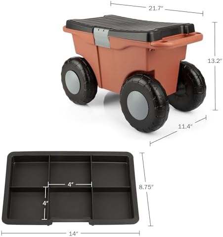 Rolling Garden Cart with Seat - Plastic Storage with Bench and Interior Tool Tray - Gardening Stool for Weeding and Planting By Pure Garden (Green) | Plastic Storage with Bench and Interior Tool Tray - Gardening Stool for Weeding and Planting