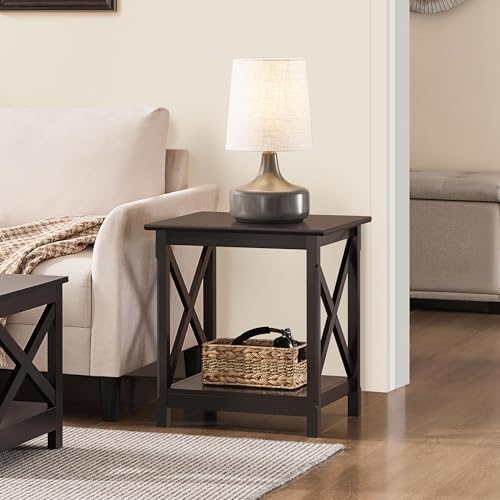 Yaheetech X-Side Frame End Table with 2-Tier Storage Shelf, Espresso
