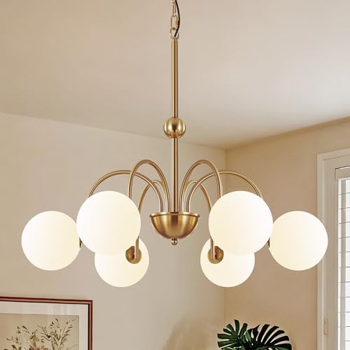 Vintage Brushed Gold Chandeliers for Dining Room Light Fixture, 6-Light Mid Century Milk Glass Globe Chandelier