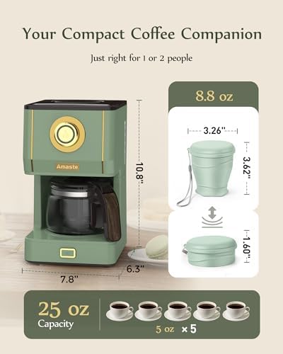 Amaste Drip Coffee Maker, Coffee Machine with 25 Oz Glass Coffee Pot, Retro Style Coffee Maker with Reusable Filter & Three Brewing Modes