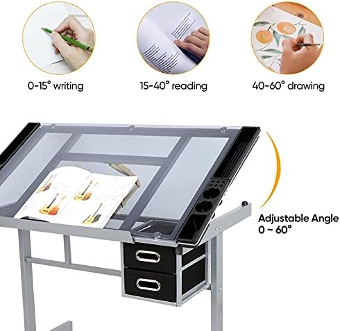 ZENY Drafting Table on Wheels with Storage Drawers, Adjustable Glass Tabletop, Craft Table Drawing Desk Artist Hobby Table for Painting, Drawing