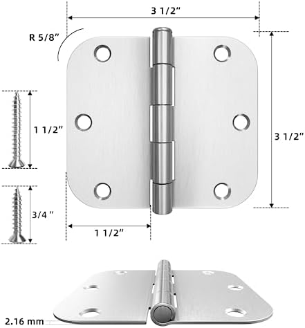 HOSOM 18 Pack 3.5 Inch Brushed Nickel Interior Door Hinges, 5/8 Radius, Satin Nickel 3 1/2 Interior Door Hinges, 3.5 "x 3.5" Silver Hardware